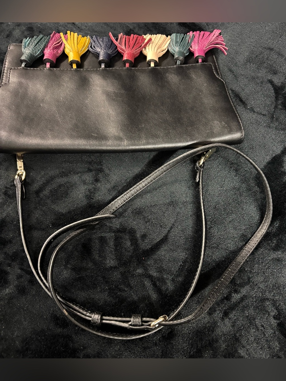 Rebecca Minkoff Sofia Leather Tassel Convertible Clutch Crossbody Black - Picture 13 of 14